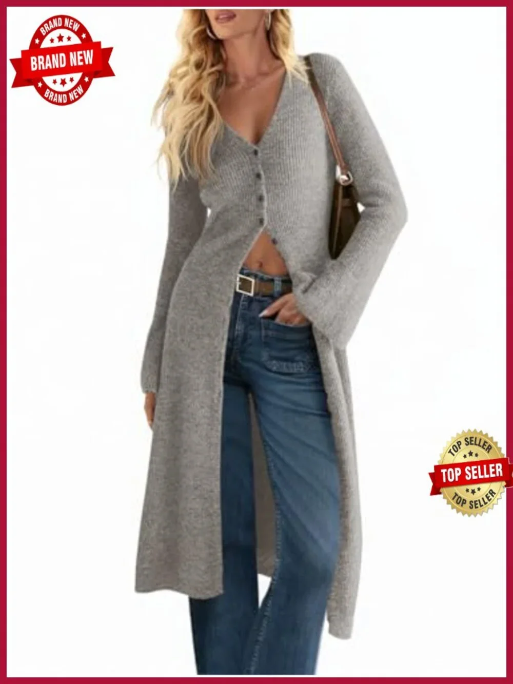 Women's Chunky Knit Long Cardigan Open Front Bell Sleeve Midi Dress